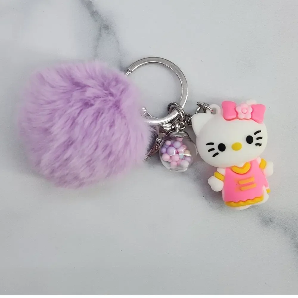 Hello Kitty 3D Figure Keychain puff ball & mini bead filled bubble Pink Dress